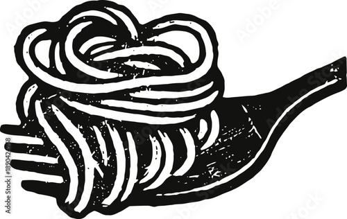 Fork wrapped with a bundle of cooked pasta noodles isolated on white