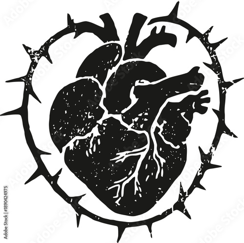 Anatomical human heart illustration enclosed in a circular thorny crown black silhouette design