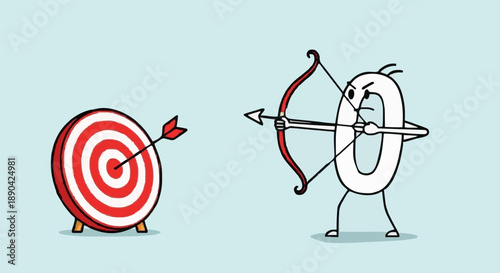 Cartoon number zero character aiming bow and arrow at target.