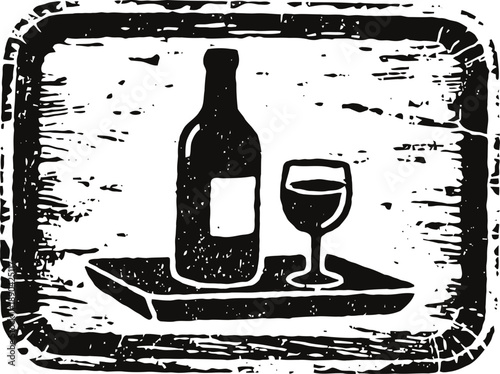 Vintage wine bottle and glass on a serving tray with rustic textured background