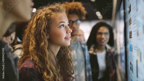 Wallpaper Mural Group of diverse teens using a touchresponsive educational wall for language practice one teen sharply focused while peers and interactive content blur around. Torontodigital.ca