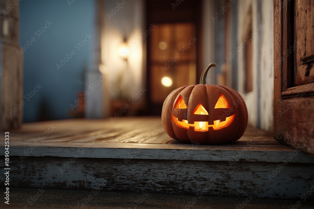 Fototapeta premium A glowing jack-o'-lantern sits on a wooden porch, casting a warm light, surrounded by a cozy, inviting Halloween atmosphere.