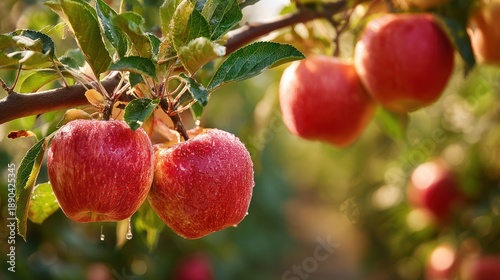 Lush Apple Orchard Close-Up of Ripe Red Golden Delicious Apples on Branches with Dew Drops and Sunny Leaves