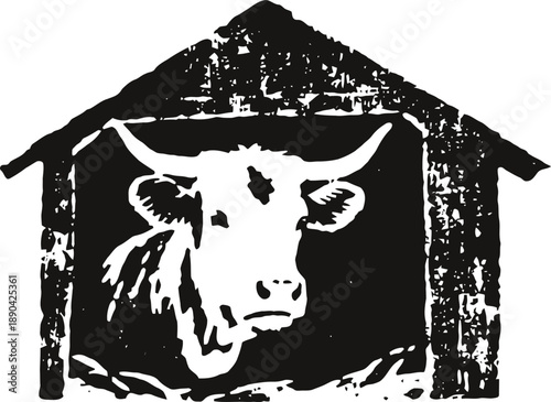 Vintage rustic cow head inside barn silhouette, rural farming livestock illustration