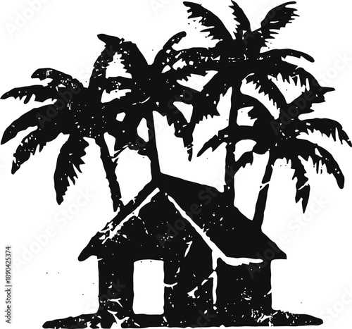 Silhouette of tropical hut with palm trees, island refuge landscape design