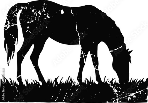 Silhouette of horse grazing on grass with textured scratches and vintage effect