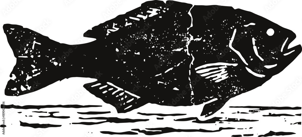 Fototapeta premium Black ink illustration of a fish swimming in water with spooky white eyes