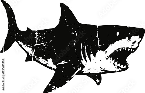 Great white shark silhouette with sharp teeth in aggressive attack pose design