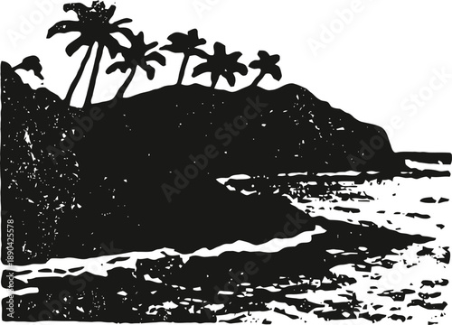Tropical coastline silhouette with palm trees and rocky cliffs by the ocean shore