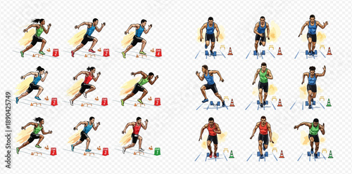 Set of male and female athletes in various running poses on a track with starting blocks and cones, representing speed and competition.