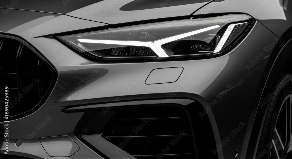 Fototapeta premium Sleek modern car headlight close-up with dynamic led design
