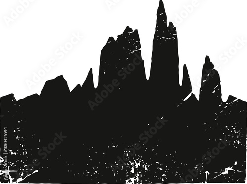 Silhouette of mountain range with rugged peaks and textured rough surface design