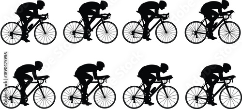 Set of eight cyclist silhouettes in aerodynamic racing positions on road bikes, isolated flat vector illustrations for professional sports competition and cycling design