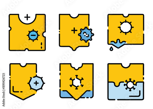 Illustrative icons representing virus interaction with body or testing, showing outcomes