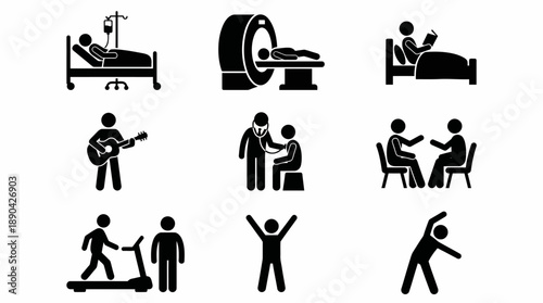 Healthcare Activities Vector Icon Set – 15 Black Silhouettes Depicting Medical Procedures, Therapy, Exercise, and Patient Interaction for Clinical and Wellness Design Use