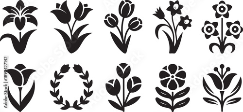 Set of black silhouette floral and botanical icons on a white background flower