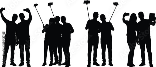 Set of young people taking selfies silhouettes, friends with smartphones and selfie sticks, social media lifestyle icons, cad drawing flat vector illustration