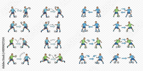 Set of soccer passing drills and exercises for training and skill development, showing players with balls and arrows indicating movement.