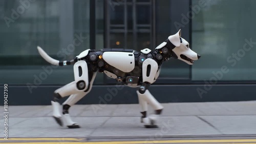 A futuristic robotic dog walking along a modern street. This sleek and innovative machine combines the elements of technology and artificial intelligence