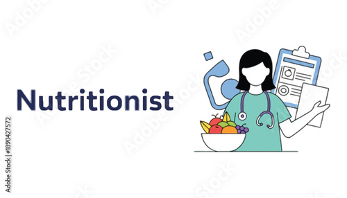 A nutritionist holding a bowl of fruit and a clipboard with a stethoscope