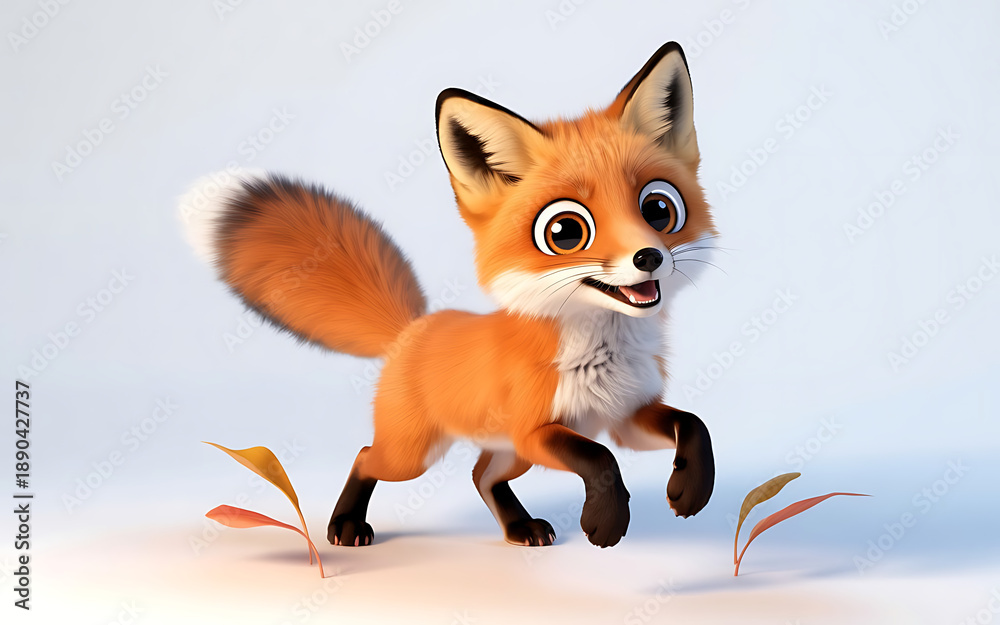 Fototapeta premium A cheerful cartoon fox with a fluffy tail and big eyes