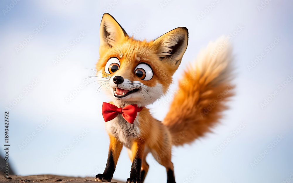 Obraz premium Animated fox with red bowtie