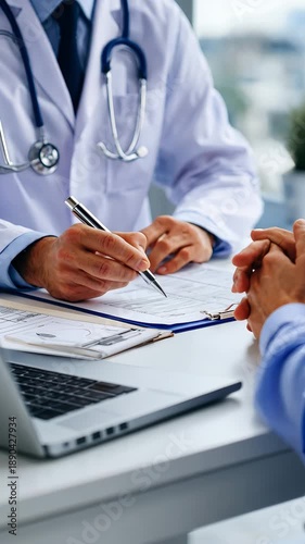 Doctor consulting with a patient, discussing medical chart and patient care