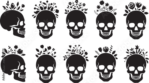 Set of Black Silhouette Skulls Decorated with Floral Wreaths on White Background vector illustration