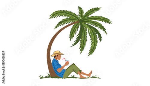 A man relaxes under a palm tree with a refreshing drink