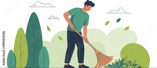 Person raking autumn leaves outdoors, seasonal cleanup, environmental care, casual clothing, green shirt, outdoor maintenance, fall foliage, nature scene, yard work illustration
