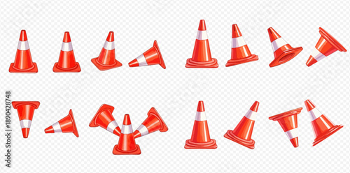 Set of realistic orange traffic cones in various positions, isolated on a transparent background, for road construction and safety warnings.