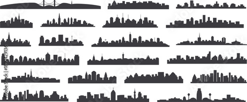 City skyline silhouettes set, urban panorama and famous landmark buildings collection, modern cityscape horizons isolated on white background illustration