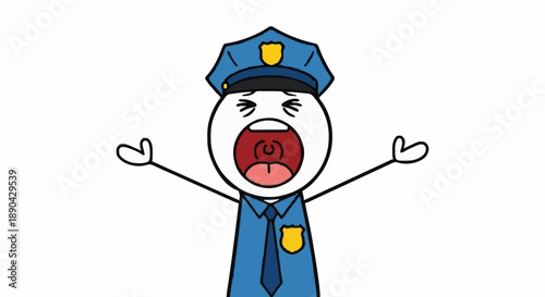 Cartoon police officer yelling with open mouth and arms outstretched.