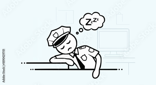 Cartoon Police Officer Sleeping at Desk.