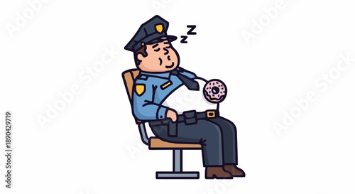 Cartoon Police Officer Sleeping at Desk with Donut.