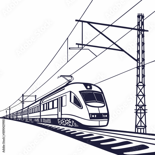 Highspeed electric train illustration on tracks with overhead wires