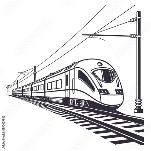 Highspeed electric train traveling on railway tracks with overhead wires