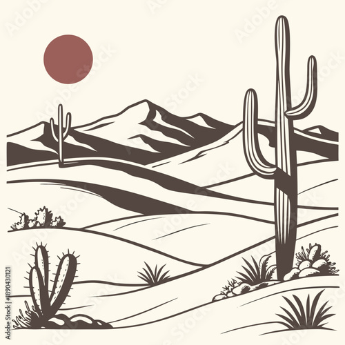 A serene desert landscape with a lone cactus and a red sun in the sky