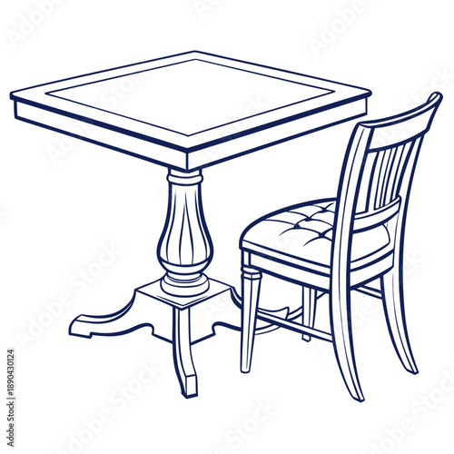 A vintage wooden table with a single chair, perfect for a cozy dining setup.