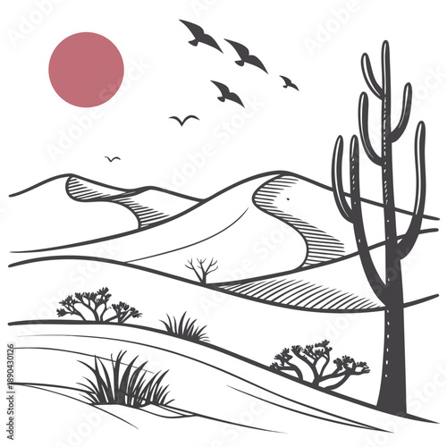 Desert landscape with cacti and birds flying under a setting sun