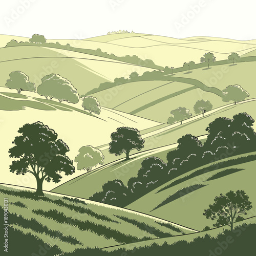 A serene landscape of rolling hills and lush greenery under a clear blue sky