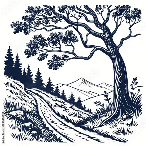 A serene landscape with a winding road leading to a distant mountain range