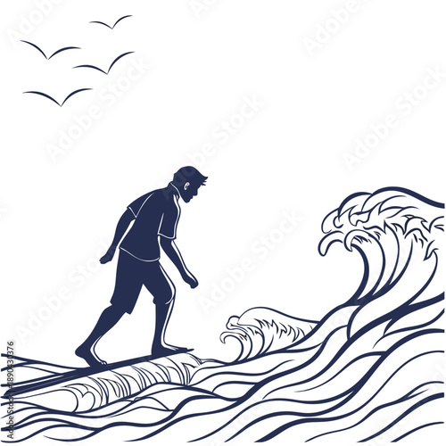 A lone surfer riding a massive wave under a flock of birds in flight