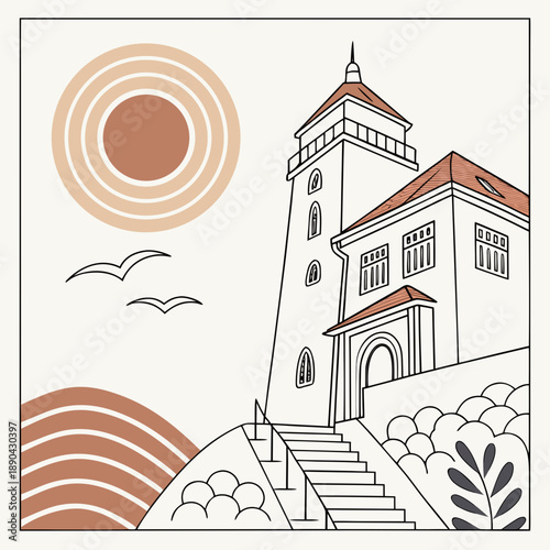 A picturesque illustration of a historic building with a large sun in the background