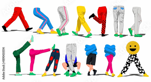 Illustrations of diverse people in colorful clothing performing yoga poses in various stances and vibrant outfits