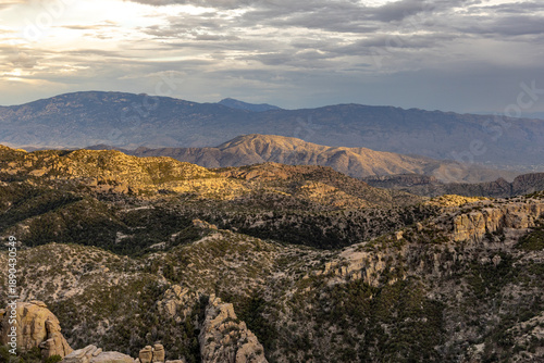 Golden sunset view from Mount Lemmon rocky ridges
