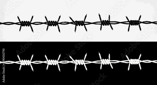 Barbed wire against plain backgrounds, contrasting black and white representations, illustrating security and restriction from a straightforward viewpoint.