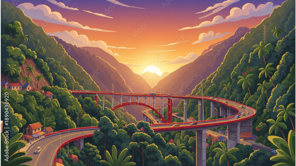 Fototapeta premium panoramic photo of the flyover in a hilly area with a view that is mesmerizing to the eye