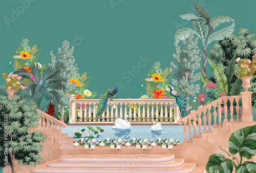 Greek garden with pond, sawn, peacock, stair illustration for wallpaper.