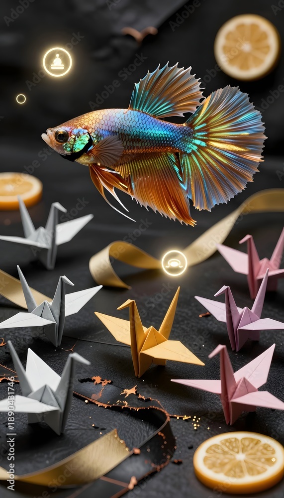 Fototapeta premium Colorful Betta Fish Swimming Among Delicate Origami Cranes on a Dark Textured Surface